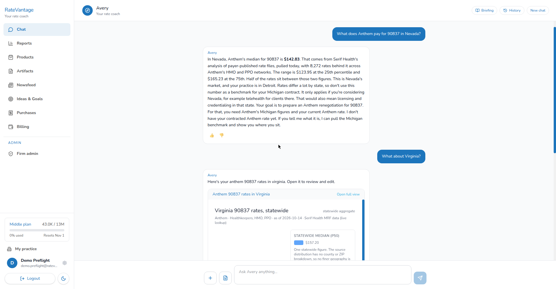 Vantage AI coach chat ranking rate gaps by dollar impact and drafting a negotiation, with a finished artifact card ready for review